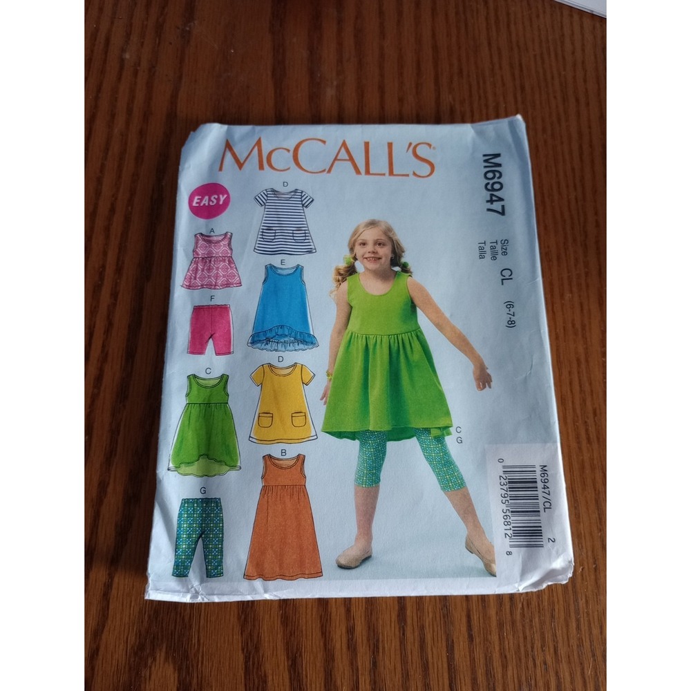 McCall's 6947 Easy Top, Dresses, Shorts & Leggings Girls'‎ 6, 7, 8 Pattern Uncut